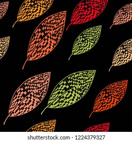 Seamless pattern. Hand drawing leaves. Background with painted leaves. Vector texture. Brush drawn - rough, artistic edges.