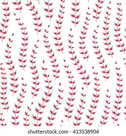 Seamless pattern of hand drawing leaves arranged in waves. Pink branch on white background. Vector.