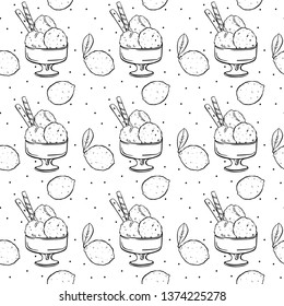 seamless pattern hand drawing lemon Ice cream and lemons black outline on white background