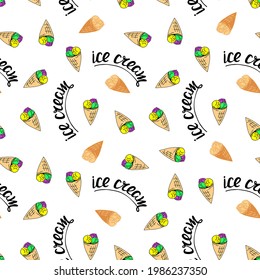 Seamless pattern and hand drawing lettering. Ice cream balls in a waffle cup.