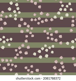 Seamless pattern with hand drawing lily of the valley on gteen brown striped background. Vector floral template in doodle style. Gentle summer botanical texture for fabric, wrapping paper, wallpaper.