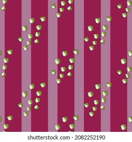 Seamless pattern with hand drawing lily of the valley on pink striped background. Vector floral template in doodle style. Gentle summer botanical texture for fabric, wrapping paper, wallpaper.