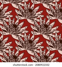 Patrón sin brillo con loto dibujado a mano sobre fondo rojo. Vector gran plantilla floral en estilo doodle. Suave textura botánica de verano para tela, papel de envoltura, papel tapiz.