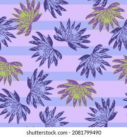 Seamless pattern with hand drawing lotus on purple striped background. Vector pink floral template in doodle style. Gentle summer botanical texture for fabric, wrapping paper, wallpaper.