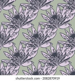 Seamless pattern with hand drawing lotus on pastel green background. Vector floral template in doodle style. Gentle summer botanical texture for fabric, wrapping paper, wallpaper.