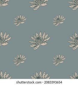 Nahtloses Muster mit handgezeichnetem Lotus auf dunkelblauem Hintergrund. Vektor-Blumenvorlage im Doodle-Stil. Ruhige sommerliche botanische Textur für Stoff, Wickelpapier, Tapete.