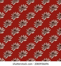 Seamless pattern with hand drawing lotus on red background. Vector floral template in doodle style. Gentle summer botanical texture for fabric, wrapping paper, wallpaper.