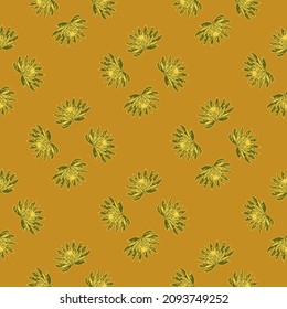 Seamless pattern with hand drawing lotus on yellow background. Vector floral template in doodle style. Gentle summer botanical texture for fabric, wrapping paper, wallpaper.