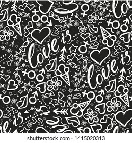 Seamless pattern with hand drawing. Love is. Sketch vector set.