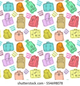 Seamless pattern with hand drawing luggage. Different colorful suitcases, bags and backpacks on white background.