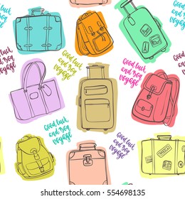 Seamless pattern with hand drawing luggage. Different colorful suitcases, bags and backpacks on white background.