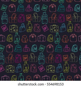 Seamless pattern with hand drawing luggage. Different colorful suitcases, bags and backpacks on dark chalkboard background.