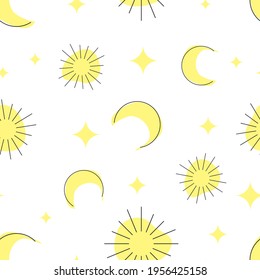 Seamless pattern with hand drawing moon, sun, and stars