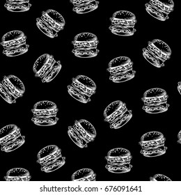 Seamless Pattern, Hand drawing on chalkboard, graphic sketch with Hamburger, Fast Food Meal Snack. Applicable for Wrapping Paper, Posters, Leaflets, Banner, Food Truck Designs. White on black, Vector 