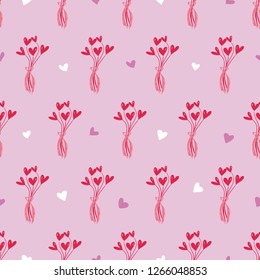 Seamless pattern of hand drawing pink bouquet and heart for happy valentine's day concept