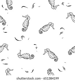 Seamless pattern hand drawing seahorse doodle isolated white and black background