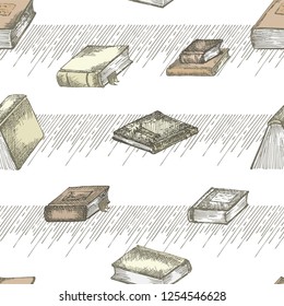 Seamless pattern with hand drawing sketch vintage books for concept design fair or festival flyer paper, banner, school library, retro poster bookshop advertising in engraving style Vector llustration