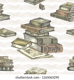 Seamless pattern with hand drawing sketch vintage books for concept design fair or festival flyer paper, banner, school library, retro poster bookshop advertising in engraving style Vector llustration