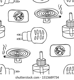 Seamless pattern hand drawing sketch fumigator, bottle of poisonous liquid with a rod and a plate against mosquitoes. Anti-mosquito home device for smoking pests and biting insectson. Vector.