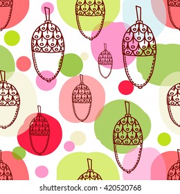 seamless pattern hand drawing sketch autumn brown acorns on a background of colored circles (green, yellow, pink, red)