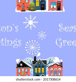 Seamless pattern hand drawing with snow covered three houses, a Christmas tree, a snowy tree, the inscription seasons greetings