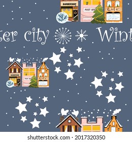 Seamless pattern hand drawing with snow-covered houses barbershop, post office building, cafe, lettering winter city