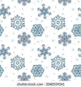 Patrón sin fisuras de dibujo a mano Elemento copos de nieve en color azul hielo y fondo blanco