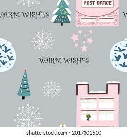 Seamless pattern hand drawing with snowy pink post office building, and snowy trees, lettering warm wishes