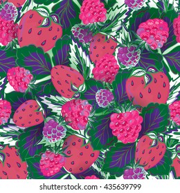 seamless pattern with hand drawing summer berries. Strawberry and raspberry. Vector illustration. Violet pink green background.