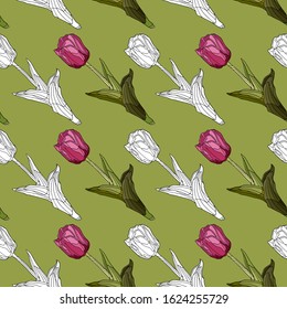 Seamless pattern. Hand drawing tulip. Realistic design. Botanical illustration. Colorful spring print. Stained glass window. Isolated on white. Pink and black and white tulip on a green background.