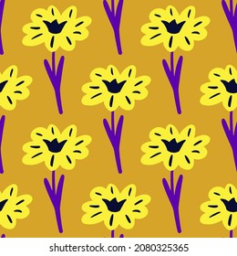Patrón sin brillo con la mano dibujando flores silvestres sobre fondo amarillo brillante. Plantilla vectorial floral en estilo doodle. Textura botánica de verano suave para tela, papel de envoltura, papel tapiz