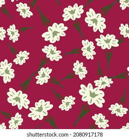 Seamless pattern with hand drawing wild flowers on red background. Vector floral template in doodle style. Gentle summer botanical texture for fabric, wrapping paper, wallpaper.