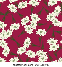 Seamless pattern with hand drawing wild flowers on pink background. Vector floral template in doodle style. Gentle summer botanical texture for fabric, wrapping paper, wallpaper.