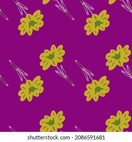 Seamless pattern with hand drawing wild flowers on violet background. Vector floral template in doodle style. Gentle summer botanical texture for fabric, wrapping paper, wallpaper