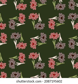 Patrón sin brillo con la mano dibujando flores silvestres sobre fondo verde. Plantilla vectorial floral en estilo doodle. Suave textura botánica de verano para tela, papel de envoltura, papel tapiz.