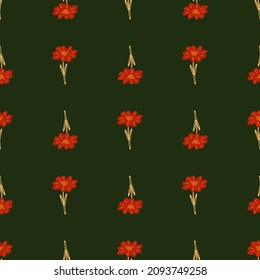 Seamless pattern with hand drawing wild flowers on dark green background. Vector floral template in doodle style. Gentle summer botanical texture for fabric, wrapping paper, wallpaper.