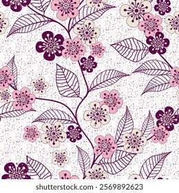 Seamless pattern with hand drawm branches and leaves and cherry flowers on a transparent background. Floral organic background. For textiles, wallpaper and packaging.