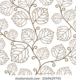 Seamless pattern with hand drawm brown monochrome branches and leaves on a transparent background. Floral pink organic background. For textiles, wallpaper and packaging.