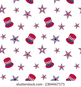 Seamless pattern of hand drawn 4th of July stars and Uncle Sam's hat. Design for Independence Day, 4th of July, freedom celebration. Patriotic and memorial decoration.