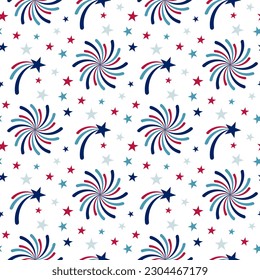 Nahtlose Muster handgezeichneter Sterne und Feuerwerke auf isoliertem Hintergrund. Design for Independence Day, 4. Juli, Freiheitsfeier. Patriotische und denkmalgeschützte Dekoration.