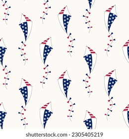 Seamless pattern of hand drawn 4th of July kites with stripes and stars, on isolated background. Design for Independence Day, 4th of July, freedom celebration. Patriotic and memorial decoration.