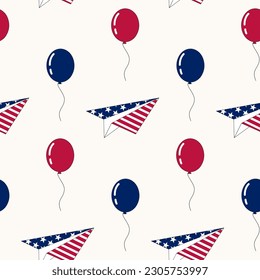 Seamless pattern of hand drawn 4th of July paper planes and balloons, on isolated background. Design for Independence Day, 4th of July, freedom celebration. Patriotic and memorial decoration.