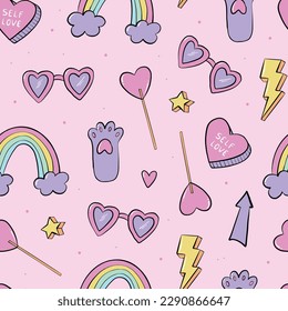 seamless pattern with hand drawn 90s style doodles, clip art, cartoon elements for wallpaper, nursery textile prints, kids apparel design, wrapping paper, scrapbooking, stationary, etc. EPS 10