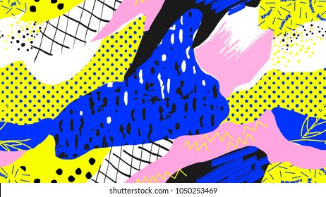 Seamless pattern, hand drawn abstract ripped torn paper shape on white background, blue, pink, yellow and black theme