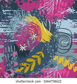 Seamless pattern with hand drawn abstract ink texture and floral nature motif. Colorful endless vector background.