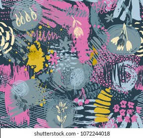 Seamless pattern with hand drawn abstract ink texture and floral nature motif. Colorful endless vector background.