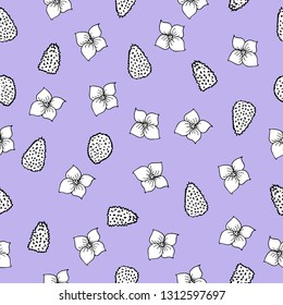 Seamless pattern with hand drawn abstract tropical and exotic fruit litchi and flower. Botanical illustration. Violet background. For cloth, fabric, wrapping paper, home decor.