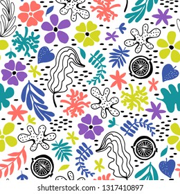 Seamless pattern with hand drawn abstract bright flowers on white background. Vetor illustration.