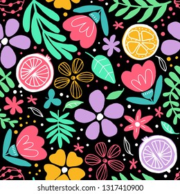 Seamless pattern with hand drawn abstract bright flowers on a black background. Vetor illustration.