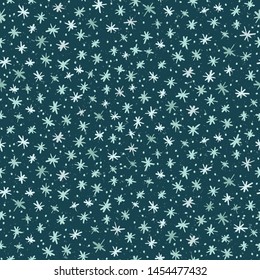 Seamless pattern. Hand drawn abstract winter snowflakes. Stylish crystal stars on green background. Elegant simple holiday all over print. Festive gift wrapping paper yule illustration. Vector swatch.